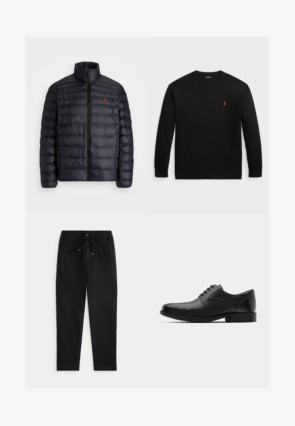 Black puffer jacket with a high collar, featuring quilted texture and a front zipper. Notable red logo on the chest, two side pockets.; Black long-sleeve t-shirt made of cotton. Features a crew neck, ribbed cuffs, and a small red embroidered logo on the chest. Smooth texture.; Black casual trousers with elastic waistband, drawstring tie, front button, and side pockets, displayed on a plain background.; Black leather dress shoe with a glossy finish, rounded toe, lace-up design, contrasting stitching, and a low rubber heel.