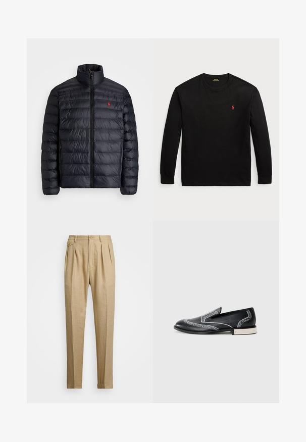 Giacca a vento nera con colletto alto, caratterizzata da una texture trapuntata e una chiusura frontale con zip. Logo rosso ben visibile sul petto, due tasche laterali.; T-shirt nero a maniche lunghe in cotone. Presenta un collo tondo, polsini a coste e un piccolo logo rosso ricamato sul petto. Texture liscia.; Pantaloni in lino beige con taglio dritto, dotati di due pince anteriori, chiusura con bottone e tasche laterali. Tessuto testurizzato con una finitura liscia.; Mocassini neri in pelle con cuciture decorative bianche e un accento metallico sul tallone, caratterizzati da una texture liscia e una silhouette slanciata.