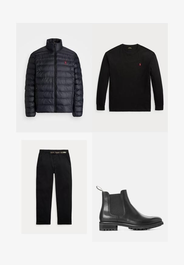 Svart pufferjacka med hög krage, med kviltad struktur och dragkedja fram. Anmärkningsvärd röd logotyp på bröstet, två sidofickor.; Svart långärmad t-shirt i bomull. Har en crew-neck, ribbade ärmslut och en liten röd broderad logotyp på bröstet. Slät yta.; Svarta byxor tillverkade av lättviktigt tyg, med en elastisk midja och ett integrerat grönt bälte, rakt ben och sidofickor.; Svart läder Chelsea-boot med elastisk sidopanel, rund tå och gummisula med ett strukturerat mönster för grepp.