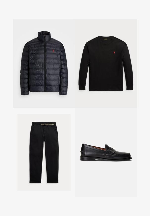 Svart puffjakke med høy krage, med kviltet tekstur og frontglidelås. Merkbar rød logo på brystet, to sidelommer.; Svart langermet T-skjorte laget av bomull. Den har rund hals, ribbestrikkede mansjetter og en liten rød brodert logo på brystet. Jevn tekstur.; Sorte bukser laget av lett stoff, med strikk i midjen og en integrert grønn belte, rett ben-kutt og sidelommer.; Sorte skinnloafers med glatt finish, avrundet tå og et dekorativt bånd over vristen. Har en lav svart såle.