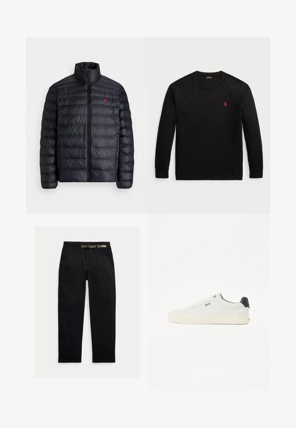 Zwarte pufferjas met hoge kraag, met een gequiltde textuur en een rits aan de voorkant. Opvallend rood logo op de borst, twee zijzakken.; Zwarte longsleeve t-shirt van katoen. Heeft een ronde hals, ribgebreide manchetten en een klein rood geborduurd logo op de borst. Vlotte textuur.; Zwarte broek van lichtgewicht stof, met een elastische tailleband en een geïntegreerde groene riem, recht model en zijzakken.; Witte leren sneaker met een gestructureerde afwerking, met een zwarte hakbescherming, ronde neus en een zwart logo aan de zijkant. Lichtgewicht rubberen zool.