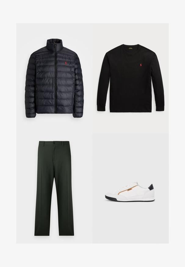 Černá péřová bunda s vysokým límcem, vybavená prošívanou texturou a předním zipem. Výrazné červené logo na hrudi, dvě boční kapsy.; Černé dlouhé tričko s dlouhým rukávem vyrobené z bavlny. Má kulatý výstřih, žebrované manžety a malé červené vyšití loga na hrudi. Hladká textura.; Tmavě zelené kalhoty se střihem na rovno, s předním zapínáním na knoflíky, poutky na pásek a hladkou, lehce texturovanou látkou.; Bílé sportovní boty s akcenty z meshe a kůže. Mají zlaté logo "BOSS", texturované boční panely a černý podpatek. Gumová podrážka.