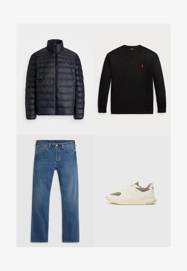 Casaco puffer preto com gola alta, apresentando textura acolchoada e um fecho à frente. Logotipo vermelho notável no peito, dois bolsos laterais.; Camisola de manga longa preta feita de algodão. Apresenta um colarinho redondo, punhos canelados e um pequeno logo bordado vermelho no peito. Textura suave.; Jeans de denim retos azuis com cinco bolsos, passadores para cinto e fecho frontal com botão e zipper, sobre um fundo liso.; Sapatilha atlética branca e bege claro, com parte superior em malha, detalhes perfurados e uma entressola texturizada com marcação no calcanhar.