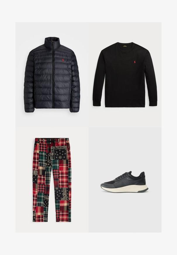 Černá péřová bunda s vysokým límcem, vybavená prošívanou texturou a předním zipem. Výrazné červené logo na hrudi, dvě boční kapsy.; Černé dlouhé tričko s dlouhým rukávem vyrobené z bavlny. Má kulatý výstřih, žebrované manžety a malé červené vyšití loga na hrudi. Hladká textura.; Patchworkové kalhoty se skládají z různých vzorů káro a květin v červené, zelené, černé a krémové barvě; nastavitelný pas se šňůrkou.; Černá sportovní teniska s mřížkovou svrchní částí s perforacemi, texturovanou mezipodešví v krémové barvě a gumovou podešví pro lepší trakci.