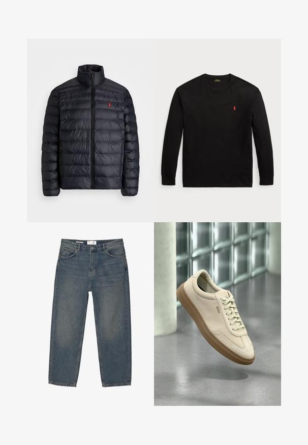 Fekete puffertakó magas gallérral, steppelt textúrával és elől cipzárral. Figyelemre méltó piros logóval a mellkason, két oldalsó zsebbel.; Fekete, hosszú ujjú pamut póló. Kerek nyakkal, bordás mandzsettákkal és egy kis piros hímzett logóval rendelkezik a mellrészen. Sima tapintású.; Kék farmernadrág laza szabással, klasszikus öt zsebes kialakítással és minimális kopással. Gombos záródással és övhurkokkal rendelkezik.; Világos bézs színű velúr tornacipő gumitalppal, hangsúlyos fűzőkkel és finom varrási részletekkel. Tiszta, minimalista dizájn.