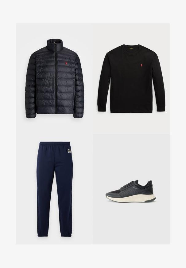 Černá péřová bunda s vysokým límcem, vybavená prošívanou texturou a předním zipem. Výrazné červené logo na hrudi, dvě boční kapsy.; Černé dlouhé tričko s dlouhým rukávem vyrobené z bavlny. Má kulatý výstřih, žebrované manžety a malé červené vyšití loga na hrudi. Hladká textura.; Námořnické modré tepláky s elastickým pasem a elastickými manžetami, s malým bílým logem na levé horní straně.; Černá sportovní teniska s mřížkovou svrchní částí s perforacemi, texturovanou mezipodešví v krémové barvě a gumovou podešví pro lepší trakci.