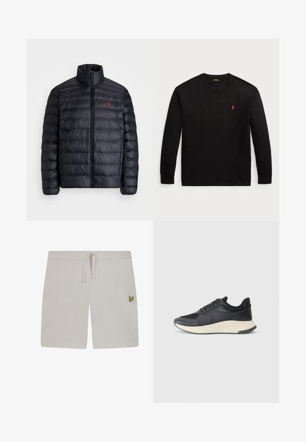 Black puffer jacket with a high collar, featuring quilted texture and a front zipper. Notable red logo on the chest, two side pockets.; Black long-sleeve t-shirt made of cotton. Features a crew neck, ribbed cuffs, and a small red embroidered logo on the chest. Smooth texture.; Light grey cotton shorts with an elastic waistband and drawstring. Features a small yellow logo on the left side. Smooth texture.; Black athletic sneaker featuring a mesh upper with perforations, a textured midsole in cream, and a rubber outsole for traction.