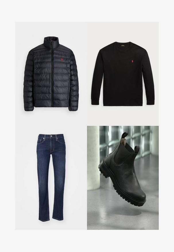 Giacca a vento nera con colletto alto, caratterizzata da una texture trapuntata e una chiusura frontale con zip. Logo rosso ben visibile sul petto, due tasche laterali.; T-shirt nero a maniche lunghe in cotone. Presenta un collo tondo, polsini a coste e un piccolo logo rosso ricamato sul petto. Texture liscia.; Jeans in denim blu scuro con taglio dritto, caratterizzati da un classico design a cinque tasche e dettagli cuciti sulle cuciture.; Stivaletti alla caviglia in pelle nera con superficie testurizzata, pannelli laterali elasticizzati e suola in gomma robusta con tacchetti pronunciati.