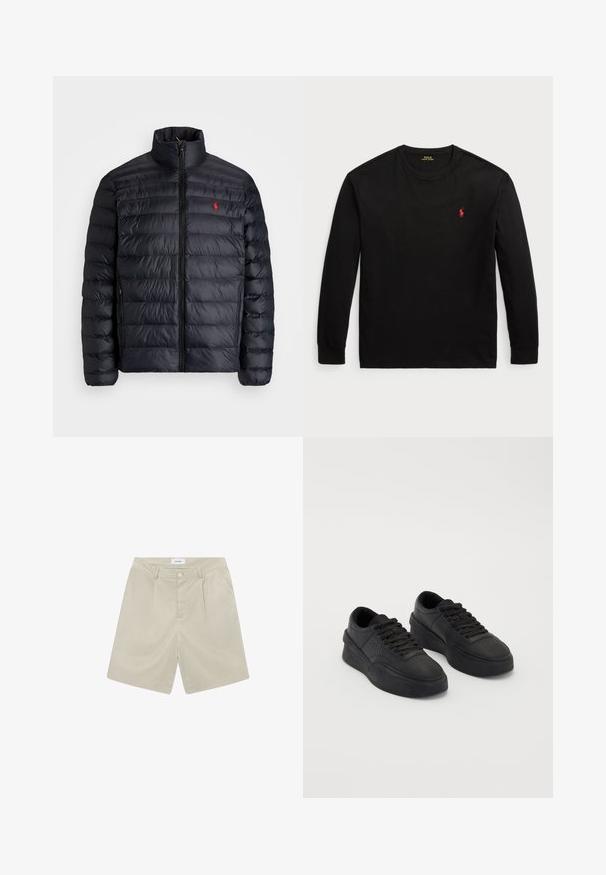 Sort pufferjakke med høj krave, præget med quiltet tekstur og lynlås foran. Bemærkelsesværdigt rødt logo på brystet, to sidelommer.; Sort langærmet t-shirt lavet af bomuld. Har en rund halsudskæring, ribbede manchetter og et lille rødt broderet logo på brystet. Glat tekstur.; Beige skræddersyede shorts med flad front, to sidelommer og en enkelt knappet lukning. Fremstillet af et let og glat stof.; Sorte sneakers lavet af glat læder med en polstret sål. Funktionen inkluderer flade snørebånd, perforeringer på tåen og en elegant silhuet.