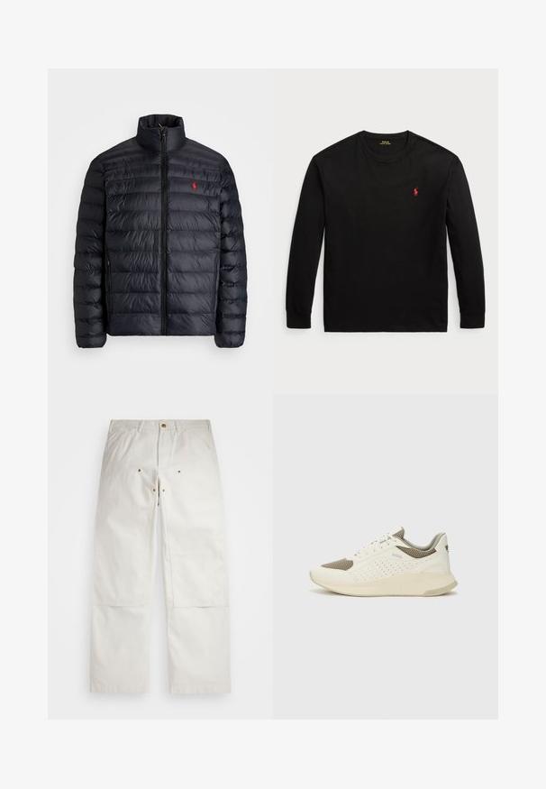 Svart puffjakke med høy krage, med kviltet tekstur og frontglidelås. Merkbar rød logo på brystet, to sidelommer.; Svart langermet T-skjorte laget av bomull. Den har rund hals, ribbestrikkede mansjetter og en liten rød brodert logo på brystet. Jevn tekstur.; Hvite bomullsbukser med en avslappet passform, som har frontlommer, detaljer i gullfarge, og knepute-detaljer.; Hvit og lysebeige treningssko, med en mesh-overdel, perforerte detaljer og en teksturert mellomsåle med merkevare på hælen.