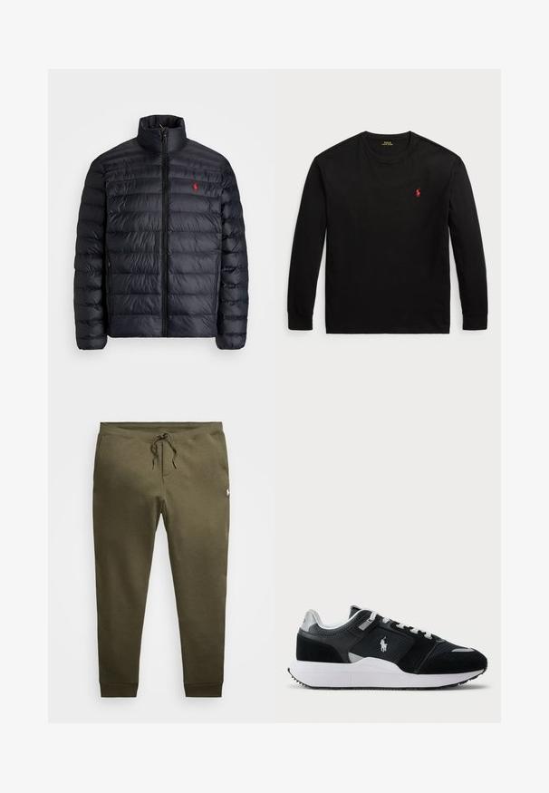 Casaco puffer preto com gola alta, apresentando textura acolchoada e um fecho à frente. Logotipo vermelho notável no peito, dois bolsos laterais.; Camisola de manga longa preta feita de algodão. Apresenta um colarinho redondo, punhos canelados e um pequeno logo bordado vermelho no peito. Textura suave.; Calças de moletão verde-azeitona, feitas de uma mistura macia de algodão, com uma cintura elástica e cordão ajustável, e punhos canelados nos tornozelos. Detalhe do logo da Polos.; Sapatilha baixa em preto e branco com parte superior em malha e camurça, atacadores brancos, sola branca e um logo de jogador de polo na lateral.
