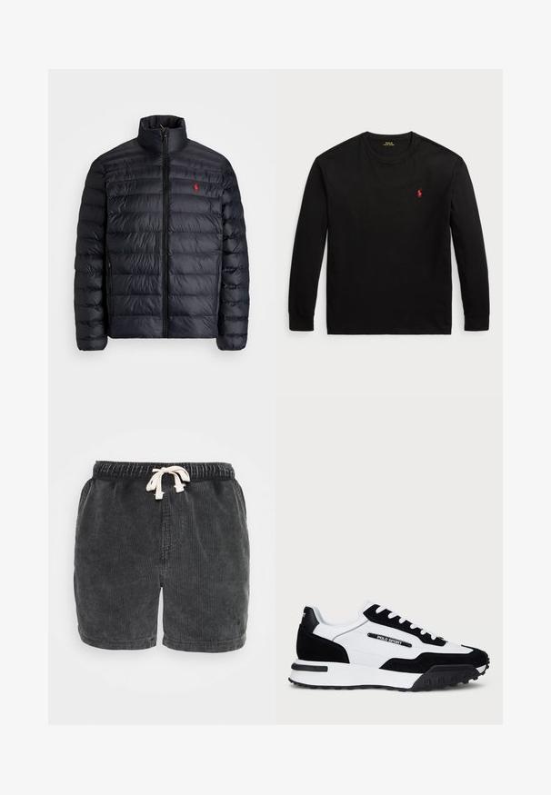 Svart puffjakke med høy krage, med kviltet tekstur og frontglidelås. Merkbar rød logo på brystet, to sidelommer.; Svart langermet T-skjorte laget av bomull. Den har rund hals, ribbestrikkede mansjetter og en liten rød brodert logo på brystet. Jevn tekstur.; Kortbukser i bomullcorduroy i mørkegrått, med vertikal ribbet tekstur, elastisk midje med snøring, og rettkantet bunn.; Sko med svart gamasj og hvit skinn-overdel, med svart gummisåle, hvite lisser og en "POLO SPORT" logo på siden.