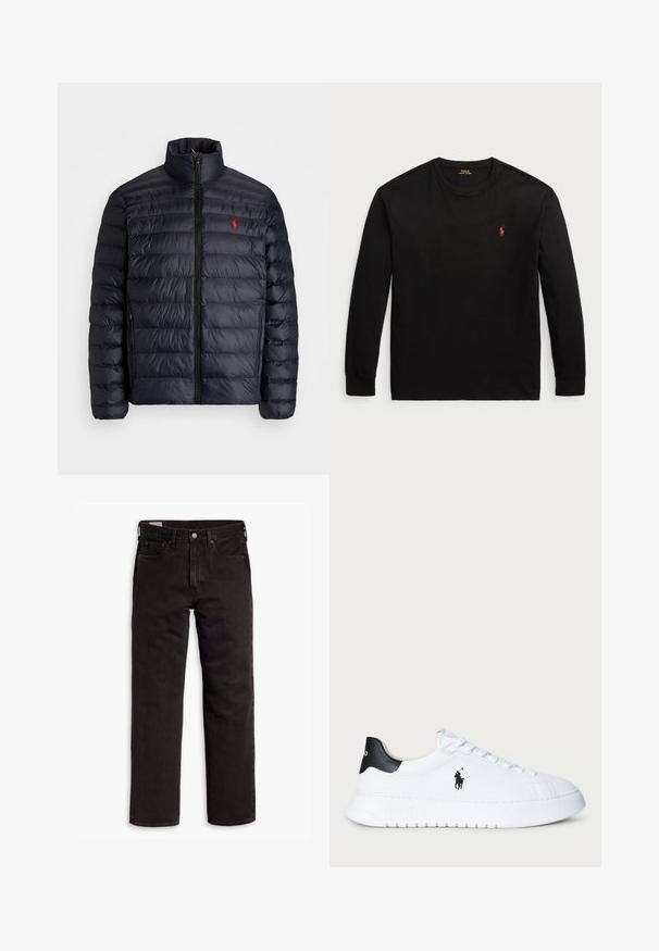 Black puffer jacket with a high collar, featuring quilted texture and a front zipper. Notable red logo on the chest, two side pockets.; Black long-sleeve t-shirt made of cotton. Features a crew neck, ribbed cuffs, and a small red embroidered logo on the chest. Smooth texture.; Black straight-leg denim jeans with five pockets, button closure, and belt loops, laid flat on a white background.; White low-top sneaker with black heel tab and black Polo Ralph Lauren logo on side, featuring white laces and thick rubber sole.