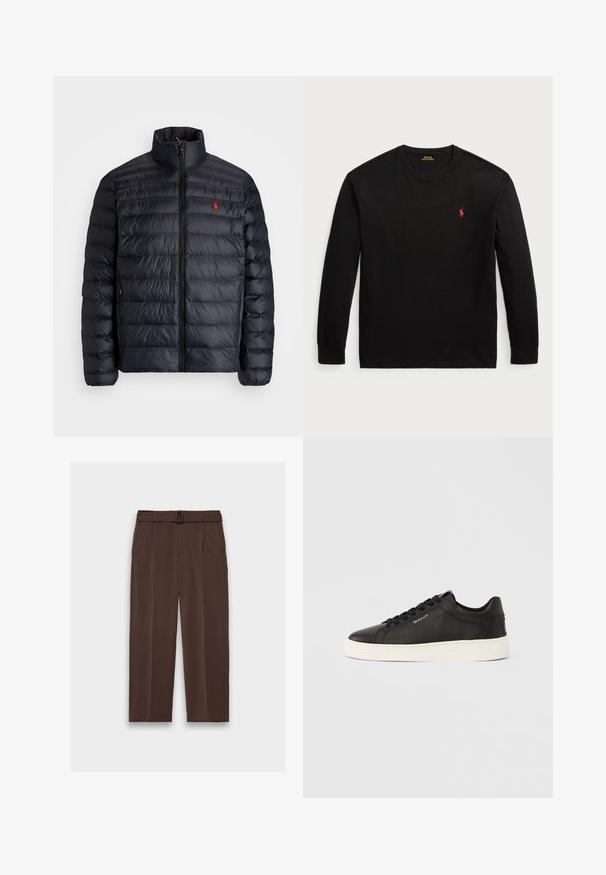 Black puffer jacket with a high collar, featuring quilted texture and a front zipper. Notable red logo on the chest, two side pockets.; Black long-sleeve t-shirt made of cotton. Features a crew neck, ribbed cuffs, and a small red embroidered logo on the chest. Smooth texture.; Brown trousers with a belt, featuring a high waist, pleated front, and side pockets; made from smooth, textured fabric.; Black leather sneakers with a white rubber sole, flat laces, and side branding detail. Smooth texture and rounded toe design.