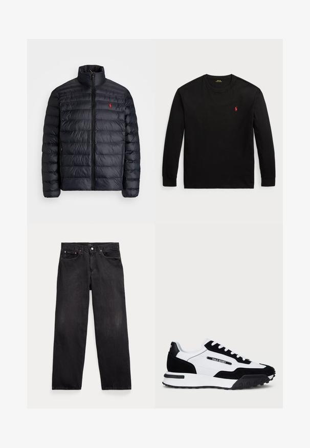 Black puffer jacket with a high collar, featuring quilted texture and a front zipper. Notable red logo on the chest, two side pockets.; Black long-sleeve t-shirt made of cotton. Features a crew neck, ribbed cuffs, and a small red embroidered logo on the chest. Smooth texture.; Black denim jeans with a relaxed fit, featuring five pockets, a button fly, and subtle fading throughout the fabric.; Sneakers with a black suede and white leather upper, featuring a black rubber sole, white laces, and a "POLO SPORT" logo on the side.