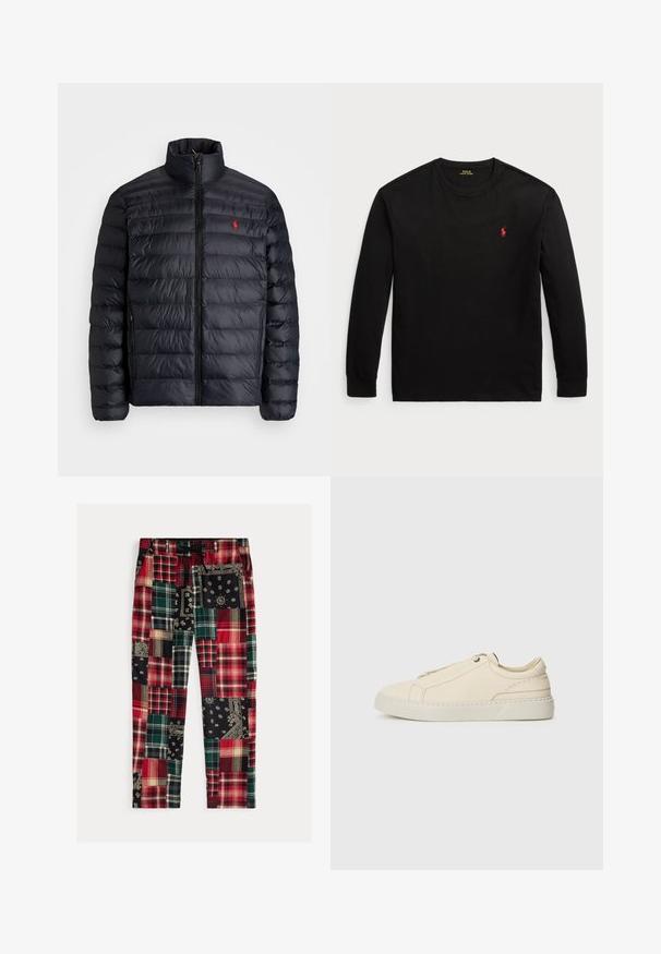 Czarna kurtka puchowa z wysokim kołnierzem, posiadająca pikowaną strukturę i zamek z przodu. Wyraźne czerwone logo na piersi, dwa boczne kieszenie.; Czarny t-shirt z długim rękawem wykonany z bawełny. Posiada okrągły dekolt, ściągacze przy mankietach oraz małe czerwone haftowane logo na piersi. Gładka tekstura.; Spodnie patchworkowe z mieszanką wzorów w kratę i paisley w kolorach czerwonym, zielonym, czarnym i białym, z elastycznym pasem i sznurkiem do regulacji.; Beżowe skórzane sneakersy z zaokrąglonym noskiem, minimalistycznym designem, subtelnymi przeszyciami i teksturowaną cholewką, na jasnej podeszwie.
