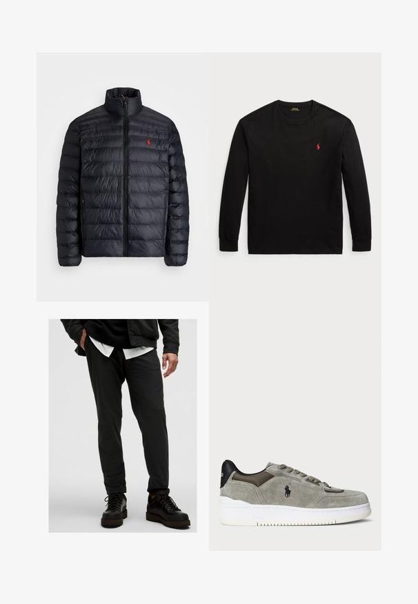 Musta puffatakki, jossa on korkea kaulus, tikkikuviointi ja etuvetoketju. Huomattava punainen logo rinnassa, kaksi sivutaskua.; Musta pitkähihaisen t-paita 100 % puuvillaa. Ominaisuuksiin kuuluu pyöreä pääntie, ribatut hihansuut ja pieni punainen brodeerattu logo rinnassa. Silkkinen pinta.; Mustat kevyet housut, joissa on sileä pinta, kapeat leikkaukset ja joustava vyötärö. Sopii yhteen mustien nauhakenkien kanssa.; Harmaan mokkanahkakengät, joissa on teksturoitu päällinen, erottuva musta kantapää, valkoinen pohja ja brodeerattu logo. Nauhaliitos, jossa on kuusi silmukkaa.