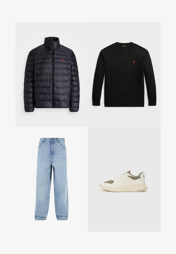 Black puffer jacket with a high collar, featuring quilted texture and a front zipper. Notable red logo on the chest, two side pockets.; Black long-sleeve t-shirt made of cotton. Features a crew neck, ribbed cuffs, and a small red embroidered logo on the chest. Smooth texture.; Light blue denim jeans with a loose fit, high waist, and five pockets. Features belt loops and a button closure. Smooth texture.; White and light beige athletic sneaker, featuring a mesh upper, perforated detailing, and a textured midsole with branding on the heel.