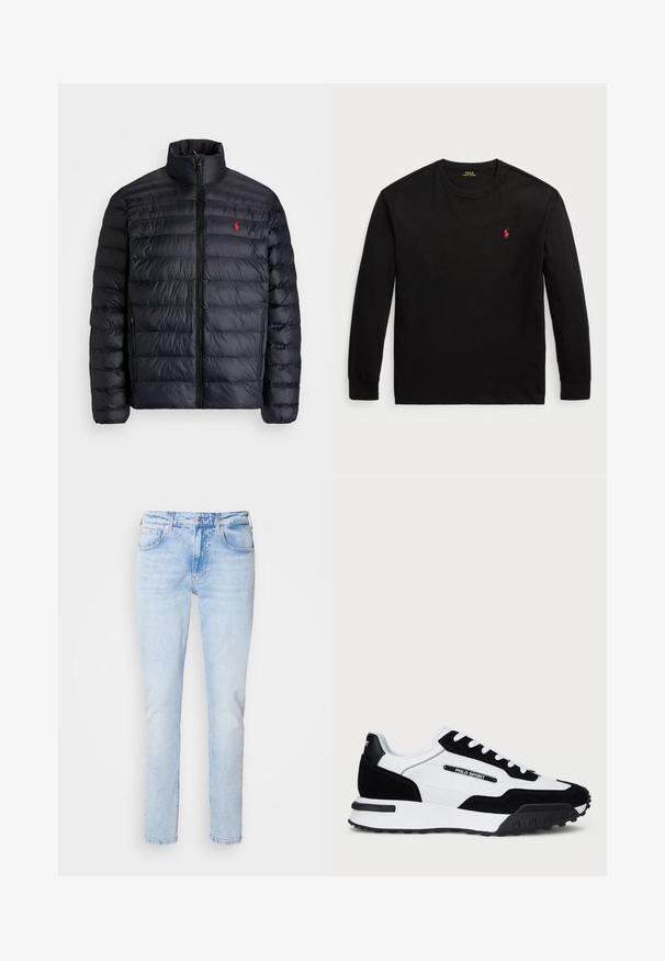 Crna puffer jakna s visokim ovratnikom, s jakim šavovima i prednjim zatvaračem. Istaknuti crveni logotip na prsima, dva bočna džepa.; Crna majica dugih rukava od pamuka. Ima okrugli izrez, rebraste manšete i mali crveni izvezeni logo na prsima. Glatka tekstura.; Svijetloplave traperice s ravnim nogavicama, s izblijedjelim pranjeom, pet džepova, kopčanje na gumb i suptilnim detaljima šivanja.; Tenisice s gornjim dijelom od crnog antilopa i bijele kože, s crnim gumenom podlogom, bijelim vezicama i logotipom "POLO SPORT" sa strane.