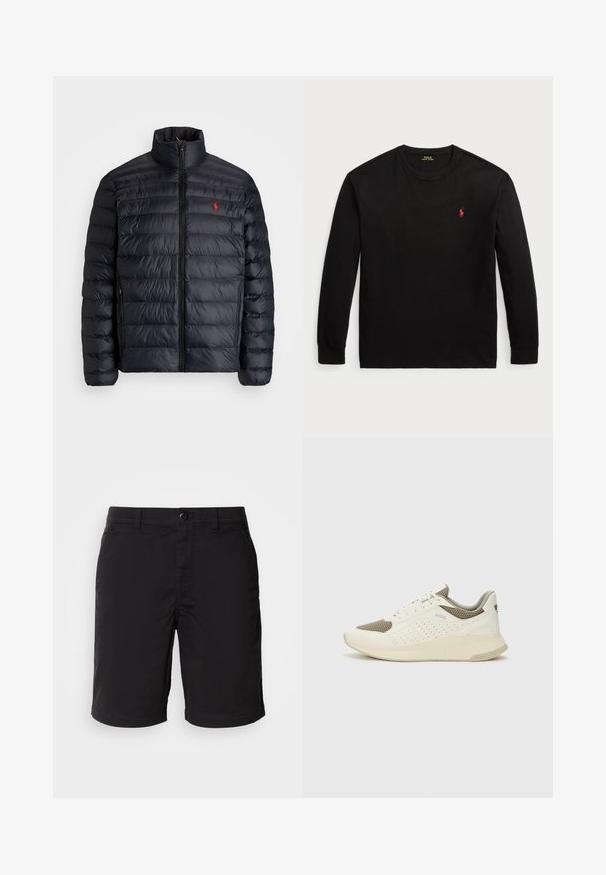 Musta puffatakki, jossa on korkea kaulus, tikkikuviointi ja etuvetoketju. Huomattava punainen logo rinnassa, kaksi sivutaskua.; Musta pitkähihaisen t-paita 100 % puuvillaa. Ominaisuuksiin kuuluu pyöreä pääntie, ribatut hihansuut ja pieni punainen brodeerattu logo rinnassa. Silkkinen pinta.; Mustat shortsit kevyestä kankaasta, joissa on napitus, tavallinen vyötärö ja suora leikkaus. Ei kuvioita tai näkyviä korostuksia.; Valkoinen ja vaaleanbeige urheilukengät, joissa on verkkomateriaali yläosa, rei'itettyjä yksityiskohtia ja teksturoitu välipohja, jossa on brändäys kantapäässä.
