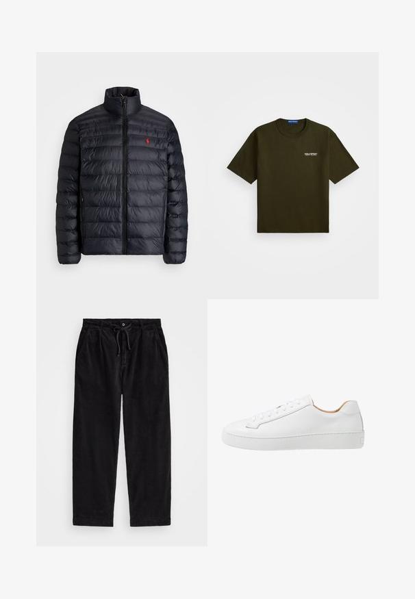 Μαύρο μπουφάν πούφρε με ψηλό γιακά, με ελαφρώς καπιτονέ υφή και μπροστινό φερμουάρ. Εντυπωσιακό κόκκινο λογότυπο στο στήθος, δύο πλαϊνές τσέπες.; Σκούρο ελιά χρώμα κοντομάνικο μπλουζάκι με στρογγυλή λαιμόκοψη και μικρό λευκό λογότυπο "Polo Sport Ralph Lauren" στην αριστερή πλευρά του στήθους.; Μαύρο παντελόνι κοτλέ με άνετη εφαρμογή, διαθέτοντας ελαστική μέση με κορδόνι και πλαϊνές τσέπες. Ουσιαστικά, το ύφασμα έχει ριγωτή υφή.; Λευκό δερμάτινο αθλητικό παπούτσι με λεία υφή, στρογγυλή μύτη, επίπεδο σχέδιο με κορδόνια και χοντρή καουτσούκ σόλα που διαθέτει υφή με σχέδιο πρόσφυσης.