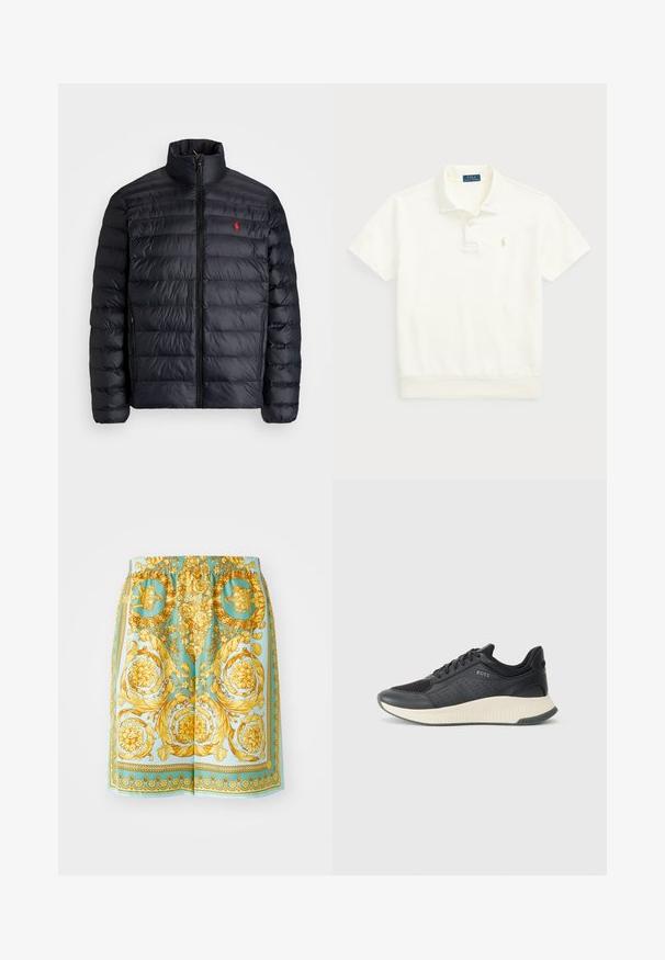 Črna napihnjena jakna z visokim ovratnikom, z quiltano teksturo in sprednjim zadrgo. Opazen rdeč logotip na prsih, dve stranski žepu.; Polo Ralph Lauren LOOPBACK FLEECE POLO-COLLAR SWEATSHIRT - Polo majica - clubhouse cream; Hlače v živahni turkizni barvi z zapletenimi zlatimi cvetličnimi in baročnimi vzorci, z elastičnim pasom in sproščenim krojem.; Črne športne superge z mrežasto zgornjico z perforacijami, teksturiranim srednjim delom v kremni barvi in gumijastim podplatom za oprijem.