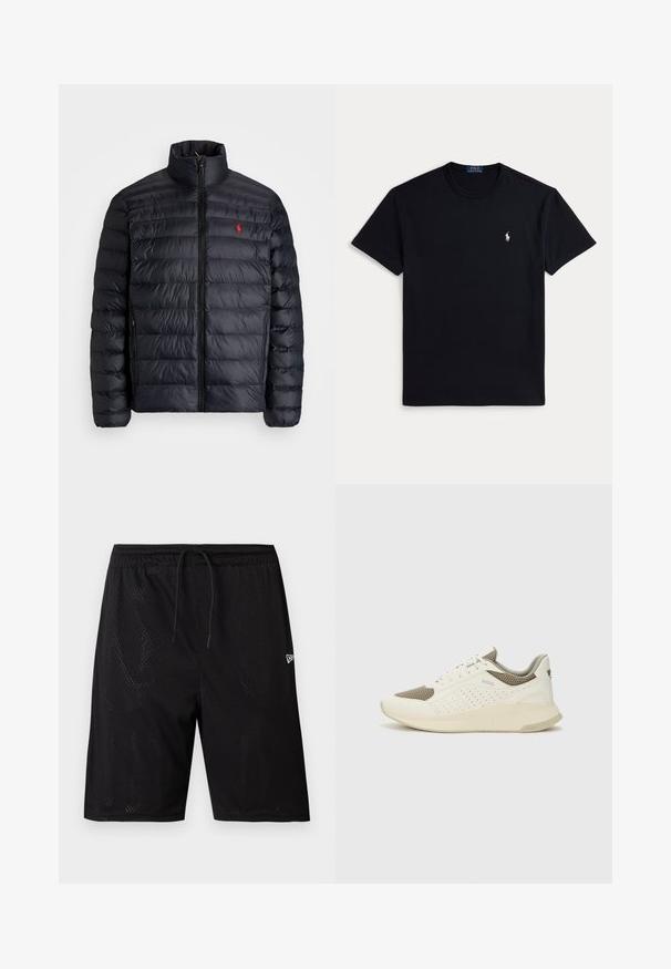 Casaco puffer preto com gola alta, apresentando textura acolchoada e um fecho à frente. Logotipo vermelho notável no peito, dois bolsos laterais.; Camiseta preta de algodão com decote redondo, mangas curtas e pequeno logótipo bordado no lado esquerdo do peito. Textura suave.; Calções desportivos em malha preta com cintura elástica e cordão, apresentando uma textura perfurada e um pequeno logótipo branco no lado inferior direito.; Sapatilha atlética branca e bege claro, com parte superior em malha, detalhes perfurados e uma entressola texturizada com marcação no calcanhar.