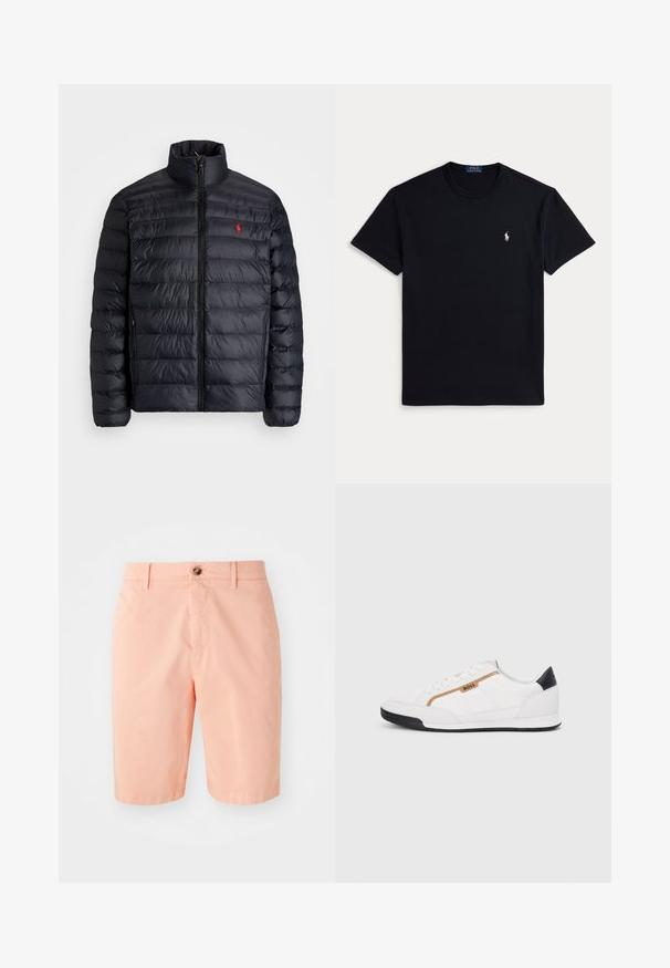 Black puffer jacket with a high collar, featuring quilted texture and a front zipper. Notable red logo on the chest, two side pockets.; Black cotton t-shirt featuring a crew neckline, short sleeves, and a small embroidered logo on the left chest. Smooth texture.; Peach-colored shorts made of lightweight fabric, featuring a classic design, a front button closure, and side pockets.; White athletic shoes with mesh and leather accents. Features a gold "BOSS" logo, textured side panels, and a black heel cap. Rubber sole.