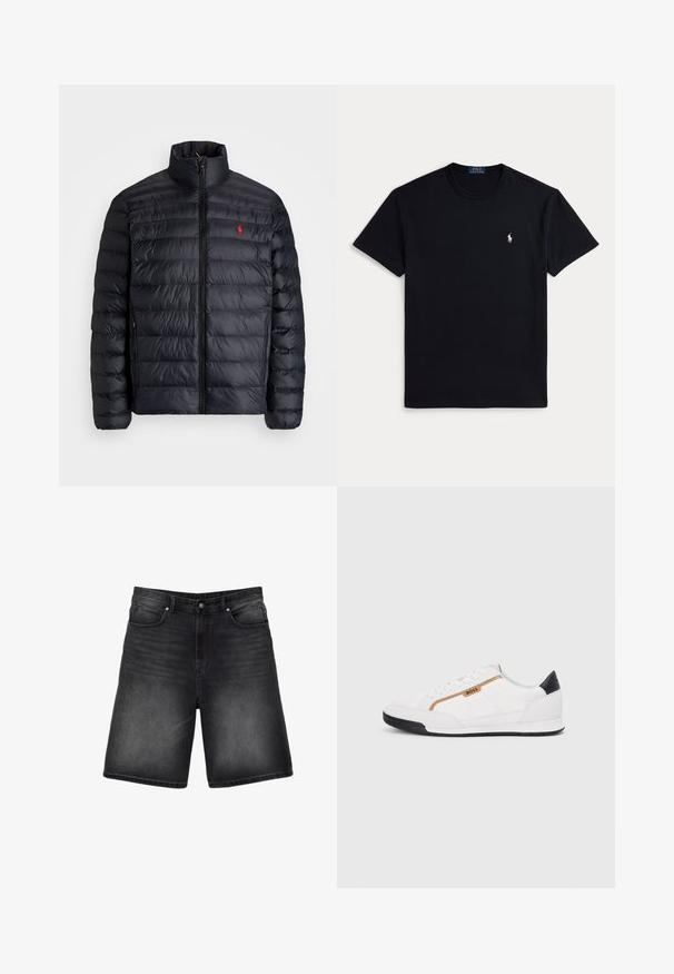 Czarna kurtka puchowa z wysokim kołnierzem, posiadająca pikowaną strukturę i zamek z przodu. Wyraźne czerwone logo na piersi, dwa boczne kieszenie.; Czarny bawełniany t-shirt z okrągłym dekoltem, krótkimi rękawami i małym haftowanym logo na lewej piersi. Gładka faktura.; Czarne szorty dżinsowe o luźnym kroju, pięć kieszeni, widoczne szwy i gładka faktura. Spodnie z przetarciami przy dolnym brzegu.; Białe buty sportowe z siateczkowymi i skórzanymi akcentami. Posiadają złote logo "BOSS", teksturowane boczne panele i czapkę pięty w kolorze czarnym. Gumowa podeszwa.