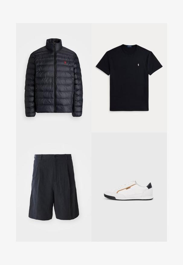 Schwarze Daunenjacke mit hohem Kragen, mit gestepptem Design und einem frontalen Reißverschluss. Auffälliges rotes Logo auf der Brust, zwei Seitentaschen.; Schwarzes Baumwoll-T-Shirt mit Rundhalsausschnitt, kurzen Ärmeln und einem kleinen bestickten Logo auf der linken Brust. Glatte Textur.; Weekday LOOSE SUIT - Shorts - black; Weiße Sportschuhe mit Mesh- und Lederelementen. Ausgestattet mit einem goldenen "BOSS"-Logo, strukturierten Seitenpaneelen und einer schwarzen Fersenkappe. Gummisohle.