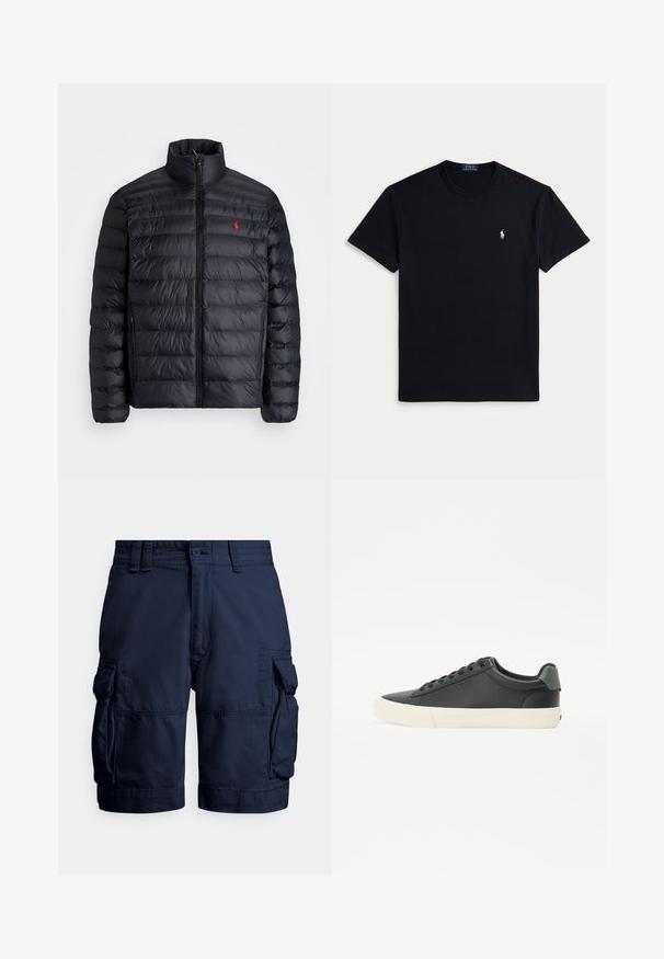 Chaqueta de abrigo negra con cuello alto, con textura acolchada y cremallera frontal. Logo rojo notable en el pecho, dos bolsillos laterales.; Camiseta negra de algodón con cuello redondo, mangas cortas y un pequeño logo bordado en el pecho izquierdo. Textura suave.; Pantalones cortos cargo azul marino hechos de tela resistente, con bolsillos laterales, cierre de botón y detalles cosidos para dar textura.; Zapatilla negra de cuero con acabado texturizado, suela de goma blanca, puntera redonda y detalle verde en el talón. Diseño de cordones con seis ojales.