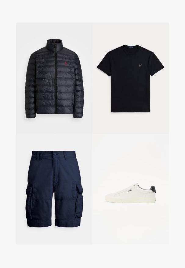 Svart puffjakke med høy krage, med kviltet tekstur og frontglidelås. Merkbar rød logo på brystet, to sidelommer.; Svart bomull t-skjorte med rund hals, korte ermer og en liten brodert logo på venstre bryst. Jevn tekstur.; Mørkeblå cargoshorts i slitesterkt stoff, med sidelommer, knappeåpning og sømdetaljer for tekstur.; Hvite lær sneakers med teksturert finish, med svart hælkappe, rund tå og merket side logo i svart. Lett gummisåle.