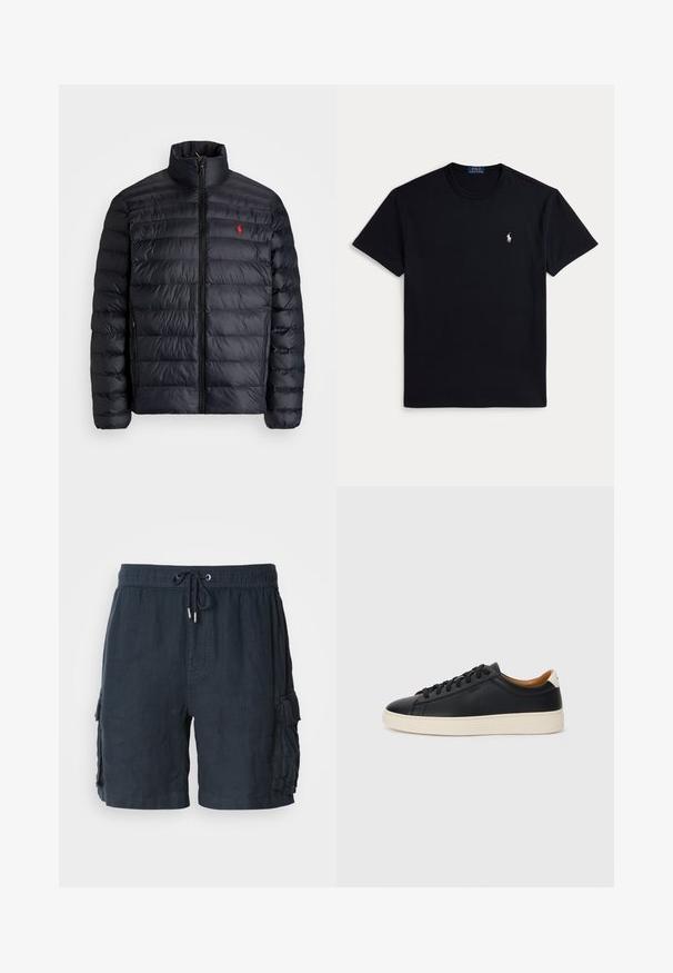 Svart puffjakke med høy krage, med kviltet tekstur og frontglidelås. Merkbar rød logo på brystet, to sidelommer.; Svart bomull t-skjorte med rund hals, korte ermer og en liten brodert logo på venstre bryst. Jevn tekstur.; Mørkeblå cargo-shorts for menn, laget av lett materiale, med elastisk midje og snøring, samt to sidelommer.; Sorte skinnesneakers med en jevn tekstur, beige gummisåle, lisser og en kontrasterende hæl aksent.