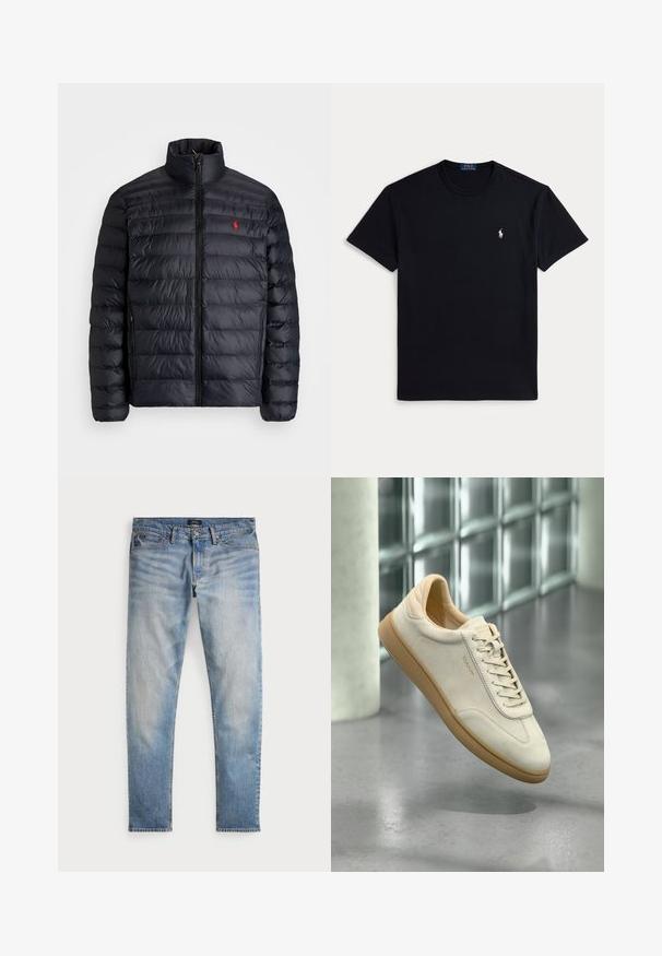 Crna puffer jakna s visokim ovratnikom, s jakim šavovima i prednjim zatvaračem. Istaknuti crveni logotip na prsima, dva bočna džepa.; Crna pamučna majica s okruglim izrezom, kratkim rukavima i malim izvezenim logotipom na lijevoj strani prsa. Glatka tekstura.; Svijetloplave traperice s izblijedjelim završetkom, dizajn s pet džepova i kontrastnim šavovima. Imaju zatvarač i petlje za remen. Ravnog su kroja.; Bež tenisica od brušene kože s teksturiranim gumiranim potplatom. Ima ravne vezice, zaobljeni vrh i suptilni brend sa strane. Lagano podstavljen ovratnik.