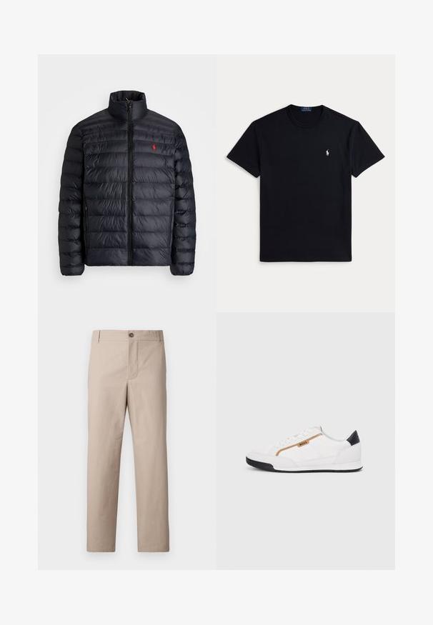 Czarna kurtka puchowa z wysokim kołnierzem, posiadająca pikowaną strukturę i zamek z przodu. Wyraźne czerwone logo na piersi, dwa boczne kieszenie.; Czarny bawełniany t-shirt z okrągłym dekoltem, krótkimi rękawami i małym haftowanym logo na lewej piersi. Gładka faktura.; Beżowe spodnie o prostych nogawkach wykonane z bawełny. Posiadają zapięcie na guzik z przodu, boczne kieszenie oraz prosty design bez ozdób.; Białe buty sportowe z siateczkowymi i skórzanymi akcentami. Posiadają złote logo "BOSS", teksturowane boczne panele i czapkę pięty w kolorze czarnym. Gumowa podeszwa.