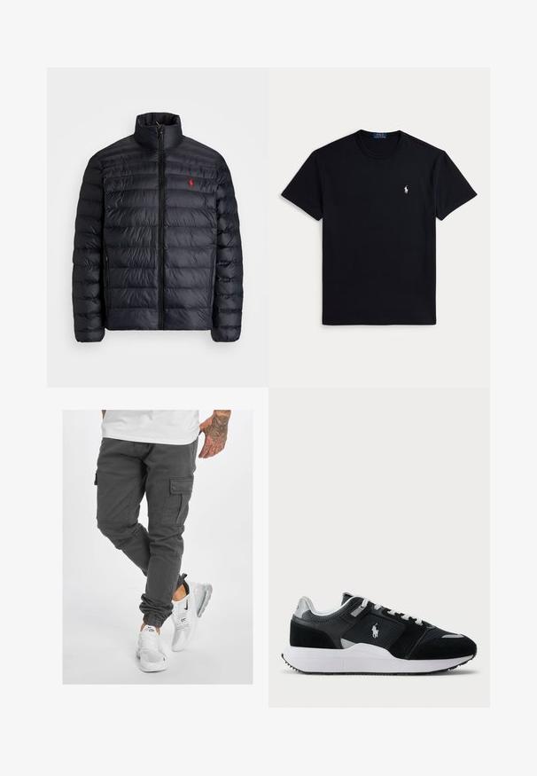Chaqueta de abrigo negra con cuello alto, con textura acolchada y cremallera frontal. Logo rojo notable en el pecho, dos bolsillos laterales.; Camiseta negra de algodón con cuello redondo, mangas cortas y un pequeño logo bordado en el pecho izquierdo. Textura suave.; Pantalones cargo grises con múltiples bolsillos, pierna ajustada y puños ajustables, combinados con zapatillas blancas con detalles en negro y suelas transparentes.; Zapatilla baja en blanco y negro con parte superior de malla y ante, cordones blancos, suela blanca y un logo de jugador de polo en el costado.
