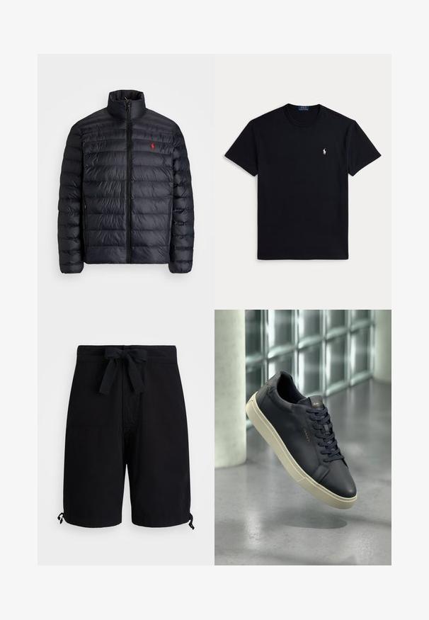 Musta puffatakki, jossa on korkea kaulus, tikkikuviointi ja etuvetoketju. Huomattava punainen logo rinnassa, kaksi sivutaskua.; Musta puuvillainen t-paita, jossa pyöreä pääntie, lyhyet hihat ja vasemmassa rinnassa pieni kirjailtu logo. Sileä pinta.; Mustat uimapöksyt, jotka on valmistettu kevyestä kankaasta. Niissä on nauhakuulokehys vyötäröllä ja säädettävät nyörit helmoissa.; Laivansinen nahkakengät, joissa on pyöristetty kärki, tasaiset nauhat ja teksturoitu pohja; varustettu logolla kielekkeessä, jota korostaa kermaisen värinen ulkopohja.