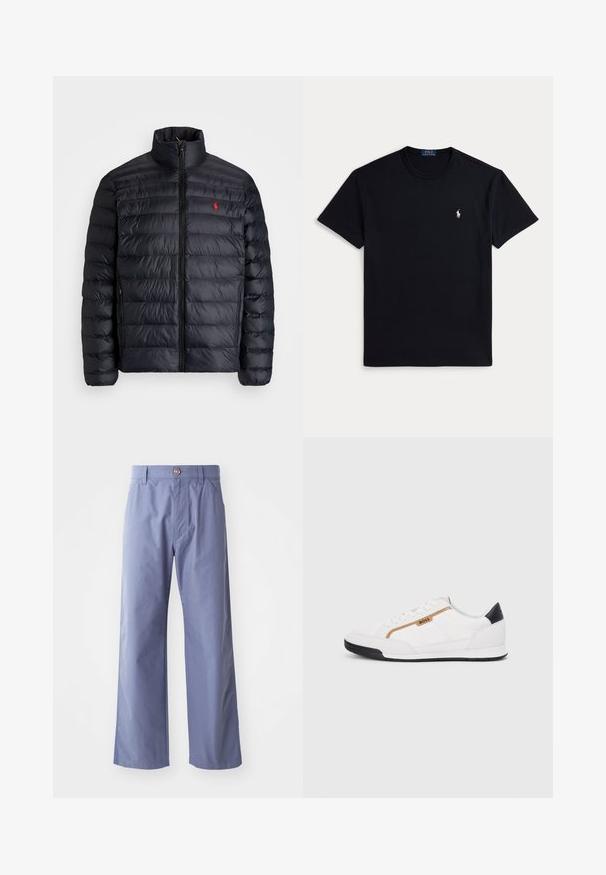 Čierna páperová bunda s vysokým golierom, s prešívanou textúrou a predným zipsom. Znateľné červené logo na hrudi, dve bočné vrecká.; Čierne bavlnené tričko s okrúhlym výstrihom, krátkymi rukávmi a malým vyšívaným logom na ľavej strane hrudníka. Hladká textúra.; Svetlomodré široké nohavice vyrobené z bavlnenej zmesi, s predným zapínaním na gombík a dvoma bočnými vreckami. Hladká textúra.; Biele športové topánky s akcentmi z korku a kože. Obsahujú zlaté logo "BOSS", textúrované bočné panely a čierny pätník. Gumová podrážka.