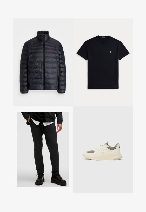 Melnā pūkainā jaka ar augstu apkakli, ar kvadrātkūtīgu tekstūru un priekšējo rāvējslēdzēju. Ievērojams sarkans logos uz krūtīm, divas sānu kabatas.; Melnā kokvilnas T-krekls ar apaļu kakla izgriezumu, īsām piedurknēm un nelielu izšūtu logotipu kreisajā krūtīs. Gluda tekstūra.; Melnas vieglās bikses ar gludu tekstūru, sašaurinātu piegriezumu un elastīgu jostu. Apvienotas ar melniem saitēm.; Baltas un gaiši bež sporta apavi, ar sieta augšdaļu, perforētiem detaļām un teksturētu vidusdaļu ar zīmolu uz papēža.