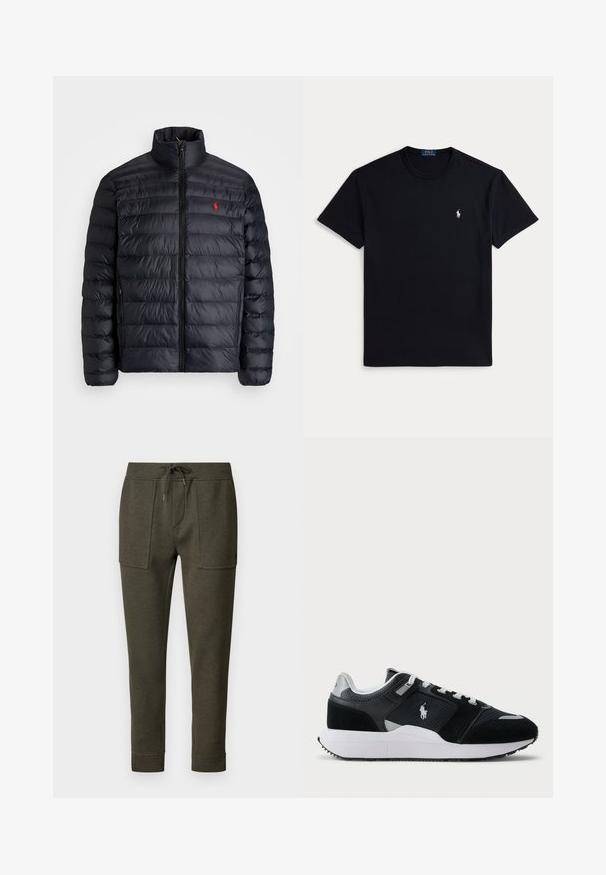 Casaco puffer preto com gola alta, apresentando textura acolchoada e um fecho à frente. Logotipo vermelho notável no peito, dois bolsos laterais.; Camiseta preta de algodão com decote redondo, mangas curtas e pequeno logótipo bordado no lado esquerdo do peito. Textura suave.; Polo Ralph Lauren JOGGER ATHLETIC - Calças de fato de treino - alpine; Sapatilha baixa em preto e branco com parte superior em malha e camurça, atacadores brancos, sola branca e um logo de jogador de polo na lateral.