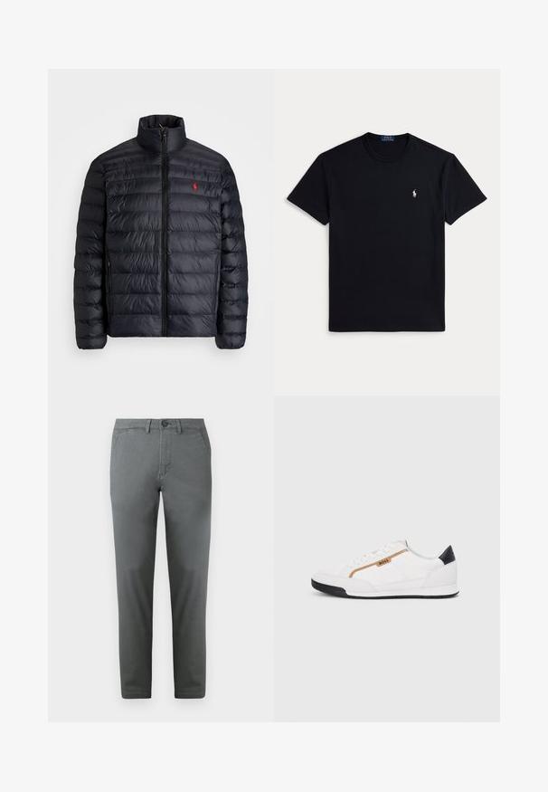 Zwarte pufferjas met hoge kraag, met een gequiltde textuur en een rits aan de voorkant. Opvallend rood logo op de borst, twee zijzakken.; Zwart katoenen T-shirt met een ronde hals, korte mouwen en een klein geborduurd logo op de linkerborst. Gladde textuur.; Grijze katoen chinos met een slim fit, voorzien van een voorste knoopsluiting, twee zijzakken en een gladde textuur. Elegante uitstraling.; Witte sportieve schoenen met gaas- en lederen accenten. Voorzien van een gouden "BOSS" logo, gestructureerde zijpanelen en een zwarte hakkap. Rubberen zool.