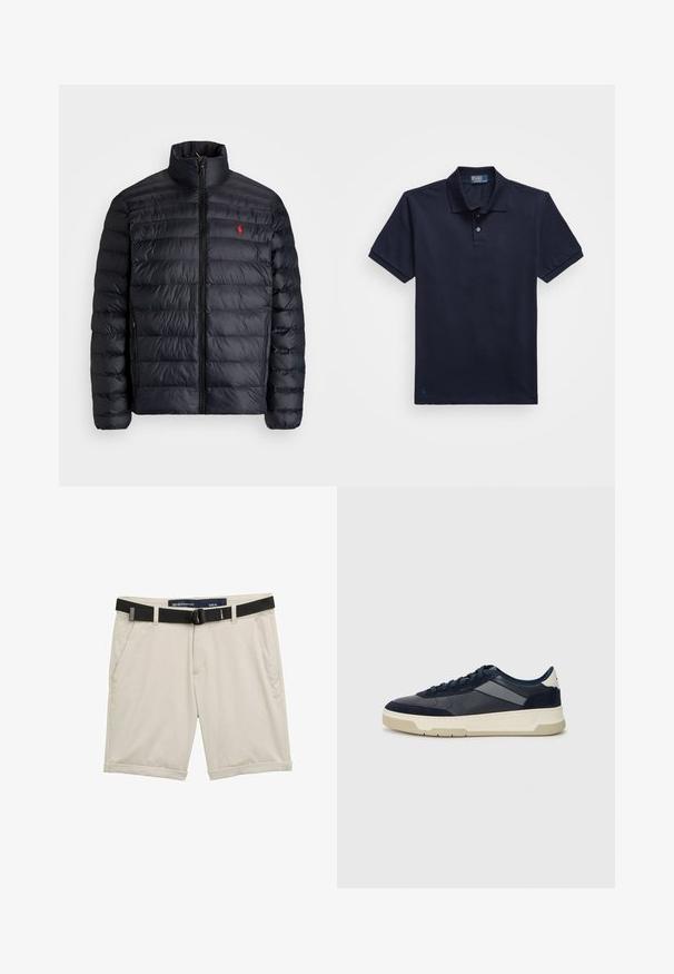 Black puffer jacket with a high collar, featuring quilted texture and a front zipper. Notable red logo on the chest, two side pockets.; Navy blue polo shirt made of textured fabric, featuring a two-button placket and a small embroidered logo at the hem. Short sleeves.; Beige shorts with a black adjustable belt. Made of lightweight fabric, featuring side pockets and rolled cuffs for a casual look. Size M.; BOSS BALTIMORE - Trainers - open blue