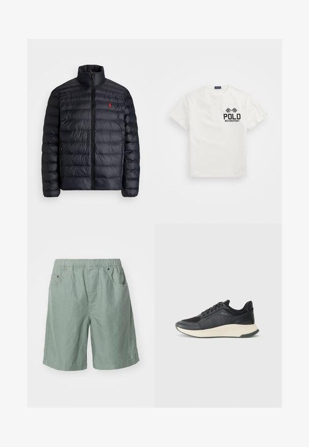 Svart puffjakke med høy krage, med kviltet tekstur og frontglidelås. Merkbar rød logo på brystet, to sidelommer.; Hvit bomull T-skjorte med rund hals, med en svart "Polo Motorsport" logo og kryssete ruteflagg på venstre bryst.; Lys grønne shorts laget av teksturert stoff med elastisk midje, som har to sidelommer og minimale sømdetaljer.; Sorte treningstøvel med mesh-overdel med perforeringer, en teksturert mellomsåle i kremfarge, og en gummisåle for godt grep.