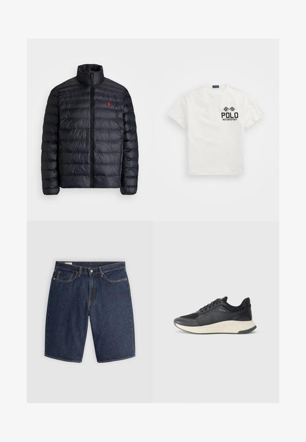 Melnā pūkainā jaka ar augstu apkakli, ar kvadrātkūtīgu tekstūru un priekšējo rāvējslēdzēju. Ievērojams sarkans logos uz krūtīm, divas sānu kabatas.; Balts kokvilnas T-krekls ar apaļu kakla izgriezumu, kas rotāts ar melnu "Polo Motorsport" logotipu un krusteniskām šaha karogi uz kreisā krūts.; Džinsa šorti tumši zilā krāsā, ar klasisku dizainu, pieciem kabatām, šūtu šuvju, pogas aizdari un izliektiem aizmugurējiem kabatām.; Melnas sporta kedas ar sietveida augšdaļu ar perforācijām, teksturētu vidusdaļu krēmkrāsā un gumijas zoli nodrošinot saķeri.