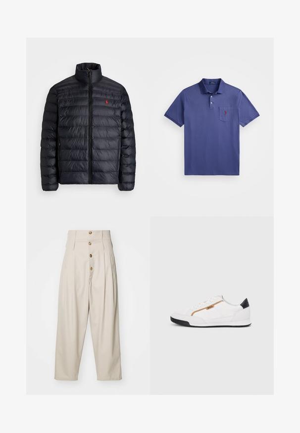 Črna napihnjena jakna z visokim ovratnikom, z quiltano teksturo in sprednjim zadrgo. Opazen rdeč logotip na prsih, dve stranski žepu.; Vijolična polo majica iz bombaža, s tremi gumbi na zapenjanju, kratkimi rokavi in predsunkom na prsih z rdečo vezenino logotipa.; Bež hlače visokega pasu z ravnim krojem, ki imajo štiri sprednje gumbe, nabore in stranske žepe. Gladka tekstura tkanine.; Bele športne čevlje z mrežnimi in usnjenimi detajli. Opremljeni so z zlatim logotipom "BOSS", teksturiranimi stranskimi paneli in črnim kapcom na peti. Guma podplat.