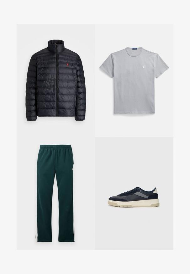 Geacă puf de culoare neagră, cu guler înalt, având o textură matlasată și un fermoar frontal. Logo roșu notabil pe piept, două buzunare laterale.; Tricou gri din bumbac, cu guler rotund, mâneci scurte și un mic logo alb pe pieptul stâng. Textură netedă și croială lejeră.; Pantaloni de trening de culoare verde închis, cu talie elastică și dungi albe care se întind pe laturile exterioare ale picioarelor.; BOSS BALTIMORE - Sneakers low - open blue