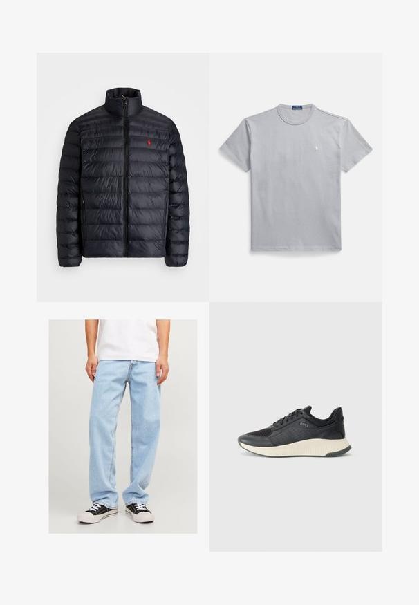 Melnā pūkainā jaka ar augstu apkakli, ar kvadrātkūtīgu tekstūru un priekšējo rāvējslēdzēju. Ievērojams sarkans logos uz krūtīm, divas sānu kabatas.; Pelēka kokvilnas T-krekla ar apaļu kakla izgriezumu, īsām piedurknēm un mazu baltu logotipu uz kreisās krūts. Gluda tekstūra un brīvs piegriezums.; Gai zila džinsu bikses ar brīvu piegriezumu, kurām ir taisna kāju forma un standarta šuvju dizains, saskaņotas ar melniem sporta apaviem.; Melnas sporta kedas ar sietveida augšdaļu ar perforācijām, teksturētu vidusdaļu krēmkrāsā un gumijas zoli nodrošinot saķeri.