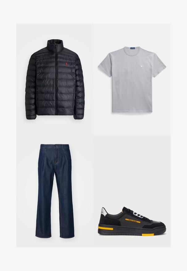 Melnā pūkainā jaka ar augstu apkakli, ar kvadrātkūtīgu tekstūru un priekšējo rāvējslēdzēju. Ievērojams sarkans logos uz krūtīm, divas sānu kabatas.; Pelēka kokvilnas T-krekla ar apaļu kakla izgriezumu, īsām piedurknēm un mazu baltu logotipu uz kreisās krūts. Gluda tekstūra un brīvs piegriezums.; Tumši zila džinsa bikses ar taisnām kājām, ar priekšējo pogu aizdari, divām sānu kabatām un gludu tekstūru.; Melnas kedas ar zamša un sieta augšdaļu, dzelteniem akcentiem un resnu melnu zoli. Piesaista ar šņorēm un "POLO SPORT" zīmolu sānos.