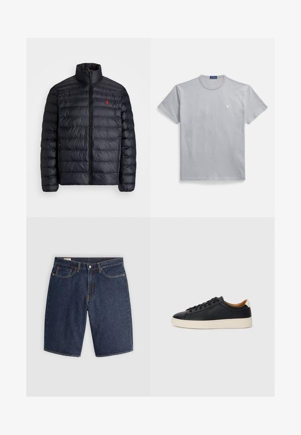 Melnā pūkainā jaka ar augstu apkakli, ar kvadrātkūtīgu tekstūru un priekšējo rāvējslēdzēju. Ievērojams sarkans logos uz krūtīm, divas sānu kabatas.; Pelēka kokvilnas T-krekla ar apaļu kakla izgriezumu, īsām piedurknēm un mazu baltu logotipu uz kreisās krūts. Gluda tekstūra un brīvs piegriezums.; Džinsa šorti tumši zilā krāsā, ar klasisku dizainu, pieciem kabatām, šūtu šuvju, pogas aizdari un izliektiem aizmugurējiem kabatām.; Melni ādas sporta apavi ar gludu tekstūru, bēša krāsas gumijas zole, auklu aizdare un kontrastējošs papēža akcents.