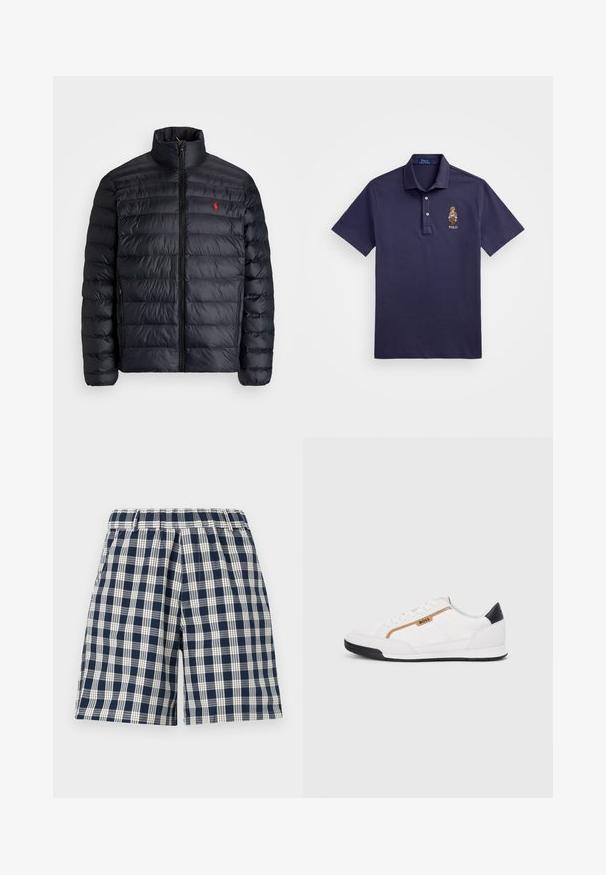Svart puffjakke med høy krage, med kviltet tekstur og frontglidelås. Merkbar rød logo på brystet, to sidelommer.; Polo Ralph Lauren CUSTOM SLIM POLO BEAR MESH POLO SHIRT - Poloskjorter - faded blue bear; Marineblå og hvite rutete shorts med elastisk midje. Har løs passform og rett snitt. Laget av tekstil, egnet for hverdagsbruk.; Hvite sporty sko med mesh- og lærdetaljer. Har en gull "BOSS"-logo, teksturerte sidepaneler og en svart hælbru. Gummisåle.